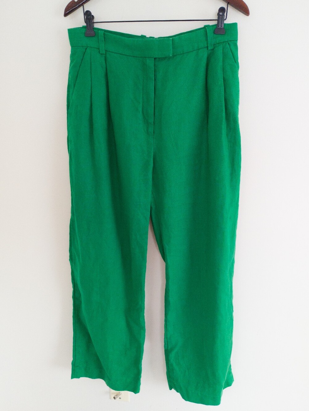 & Other Stories Kelly Green 100% Linen Pleated Tailored Trousers Size 8